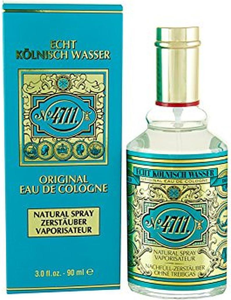 Flacon wody kolońskiej 4711 Original Eau de Cologne 90ml z charakterystyczną niebieską etykietą marki 4711 na białym tle