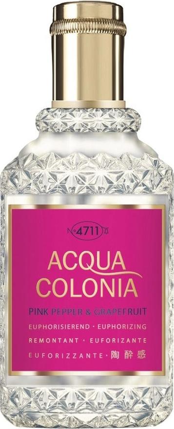 Flacon wody kolońskiej 4711 Acqua Colonia Pink Pepper & Grapefruit 50ml w różowym opakowaniu na białym tle - perfumy unisex marki 4711