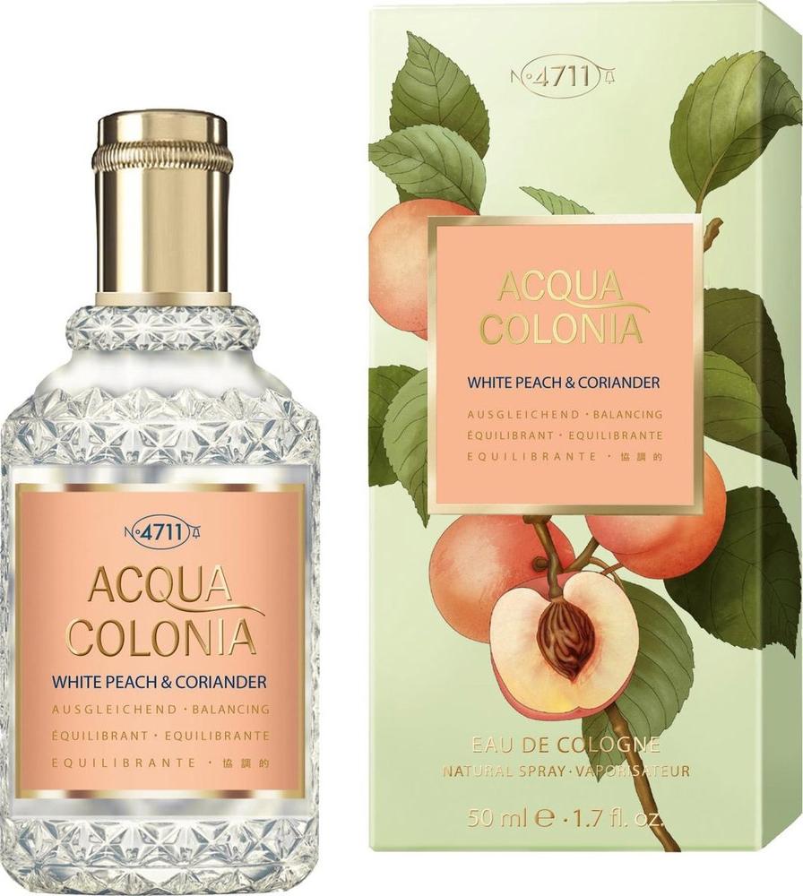 Flacon wody kolońskiej 4711 Acqua Colonia White Peach & Coriander 50ml z eleganckim opakowaniem na białym tle - perfumy unisex z nutami brzoskwini