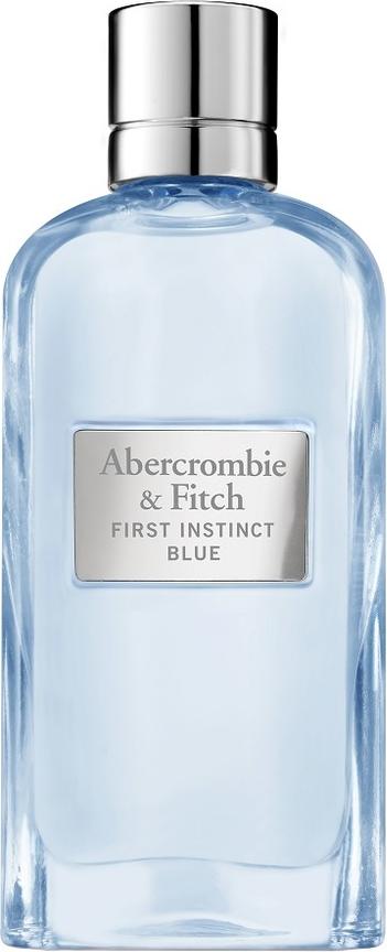 Flakon perfum Abercrombie & Fitch First Instinct Blue Woman EDP 100ml na białym tle z niebieskim opakowaniem i logo marki A&F