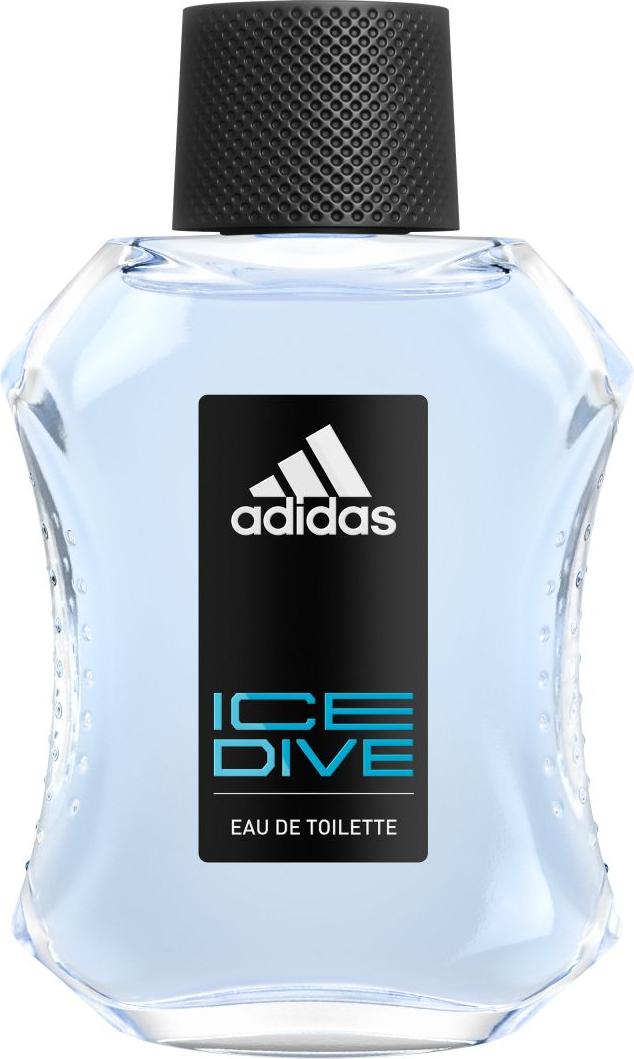 Adidas Ice Dive woda toaletowa 100ml dla mężczyzn - niebiesko-srebrny flakon z ergonomicznym designem na białym tle w opakowaniu