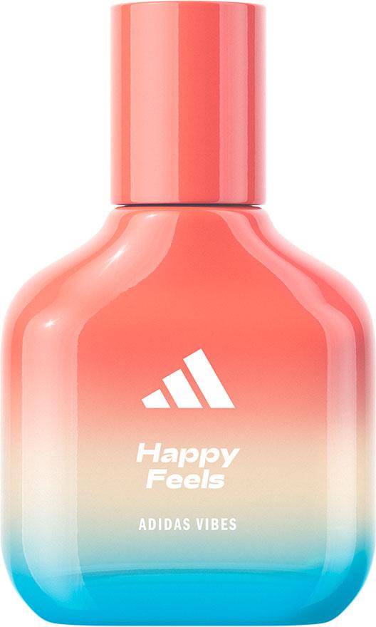Flacon wody perfumowanej Adidas Vibes Happy Feels 30ml w ekologicznym opakowaniu z logo marki Adidas na białym tle