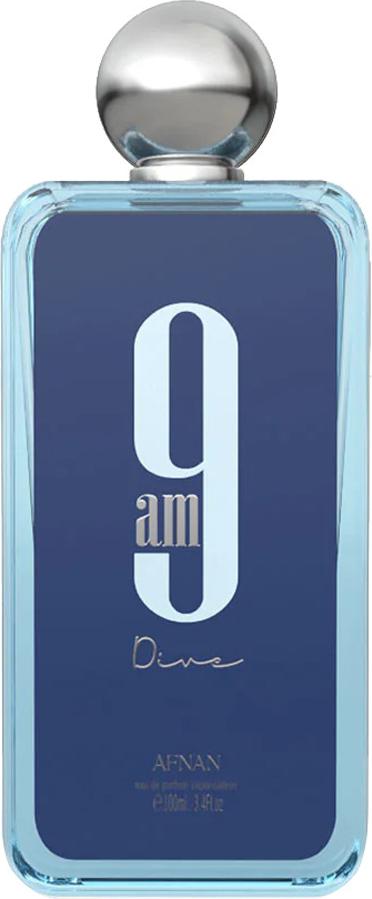 Afnan 9 AM Dive woda perfumowana 100ml w błękitnym flakonie z nowoczesnym designem podkreślającym wodny charakter unisex zapachu marki Afnan