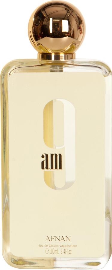 Afnan 9 AM woda perfumowana 100ml dla kobiet w eleganckim flakonie - świeży cytrusowy zapach arabskich perfum na białym tle
