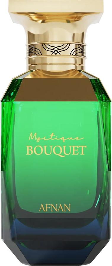 Flacon wody perfumowanej Afnan Mystique Bouquet 80ml na białym tle, eleganckie opakowanie perfum kwiatowo-owocowych dla kobiet marki Afnan