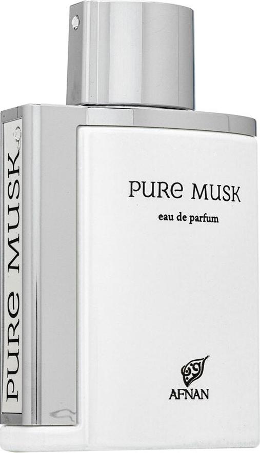 Elegancka butelka wody perfumowanej Afnan Pure Musk 100ml na białym tle - unisex perfumy z piżmem i nutami kwiatowymi marki Afnan