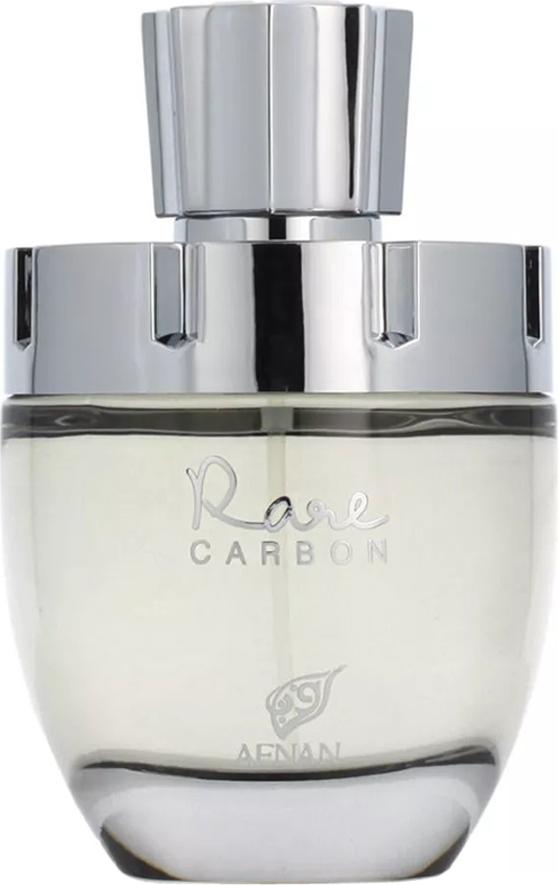 Flacon perfum Afnan Rare Carbon woda perfumowana 100ml dla mężczyzn w eleganckiej butelce na białym tle z logo marki Afnan