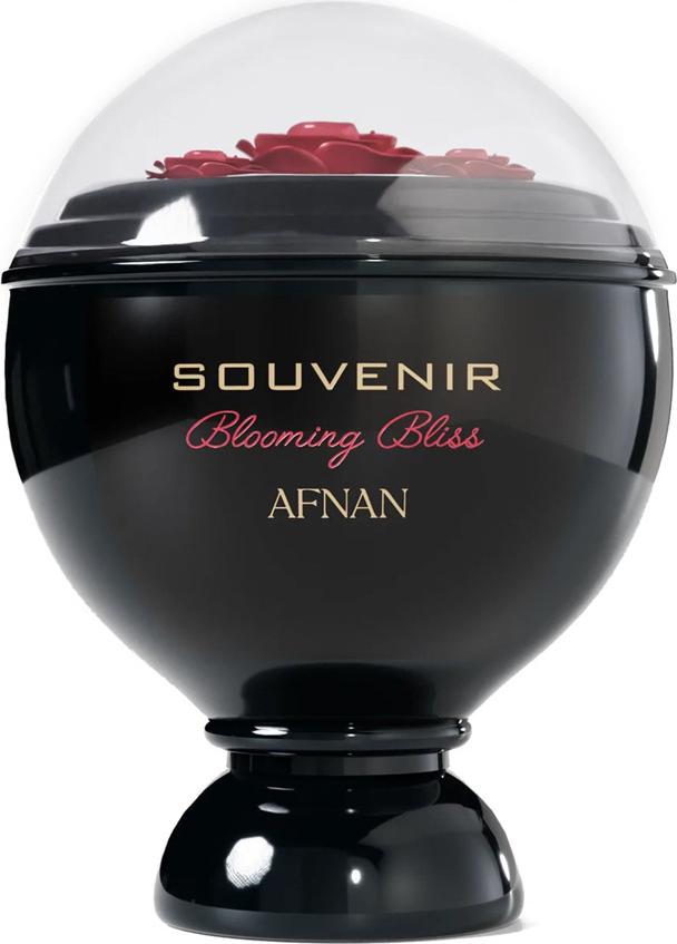 Flacon wody perfumowanej Afnan Souvenir Blooming Bliss 100ml na białym tle, eleganckie opakowanie perfum orientalno-waniliowych dla kobiet