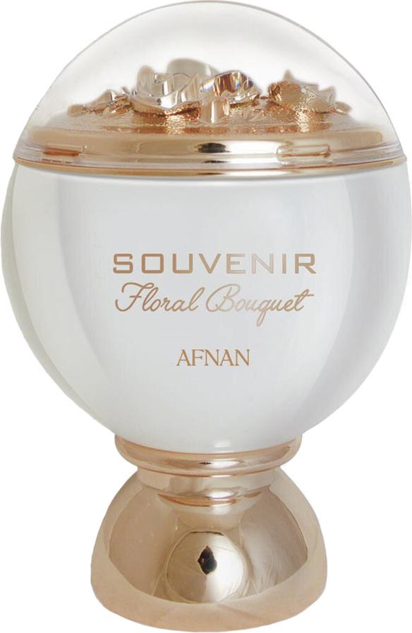 Flacon wody perfumowanej Afnan Souvenir Floral Bouquet 100ml na białym tle z eleganckim opakowaniem marki Afnan dla kobiet