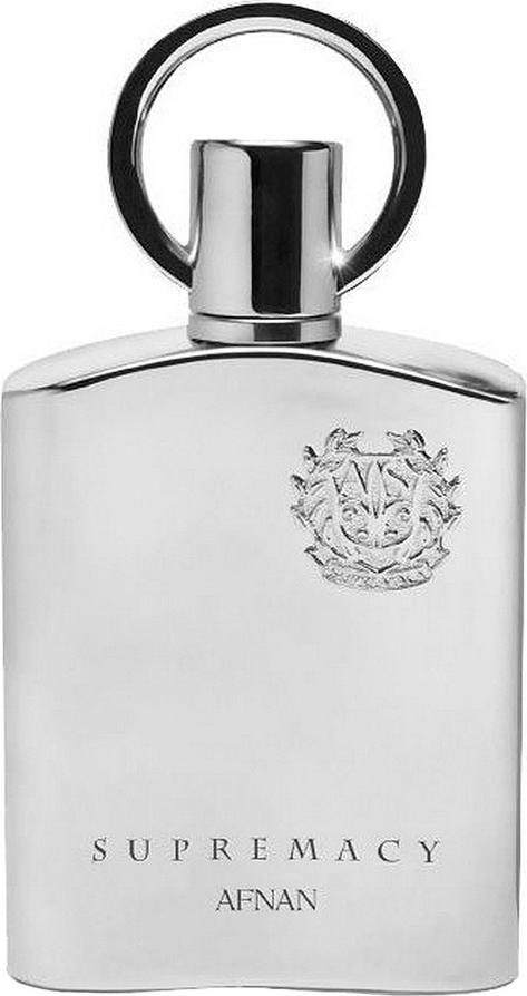 Afnan Supremacy Silver woda perfumowana 100ml w eleganckiej butelce na białym tle - męskie perfumy marki Afnan w minimalistycznym flakonie