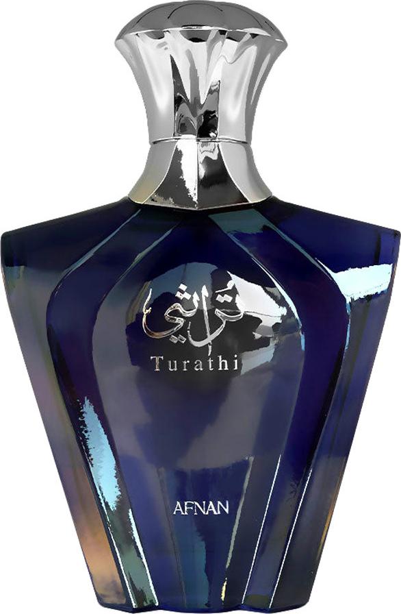 Flacon wody perfumowanej Afnan Turathi Blue 90ml dla mężczyzn w eleganckiej butelce z opakowaniem marki Afnan na białym tle