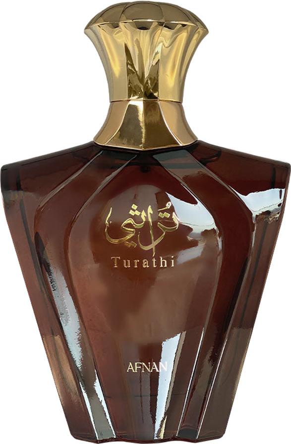 Afnan Turathi Brown woda perfumowana 90ml w eleganckім brązowym flakonie ze złotymi detalami na białym tle - męskie perfumy orientalne