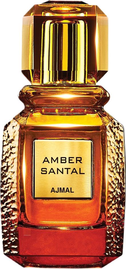 Flacon perfum Ajmal Amber Santal woda perfumowana 100ml z eleganckim opakowaniem na białym tle - orientalny zapach z bursztynem i sandałem