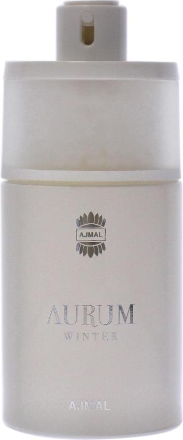 Ajmal Aurum Winter woda perfumowana 75ml w luksusowym flakonie ze złotymi akcentami na białym tle - elegancki zapach unisex orientalno-kwiatowy
