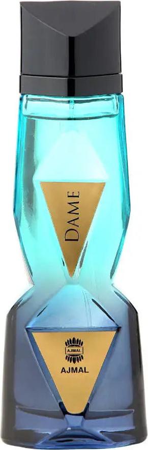Flacon wody perfumowanej Ajmal Dame 100ml na białym tle - eleganckie perfumy orientalne dla kobiet marki Ajmal w stylowym opakowaniu