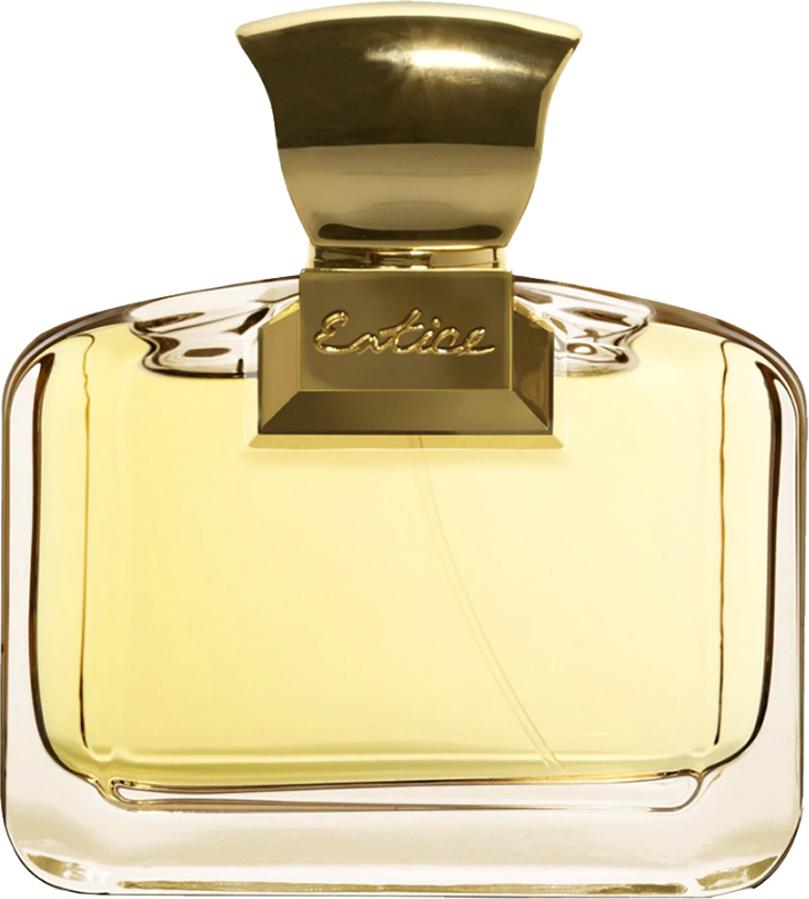 Ajmal Entice Pour Femme woda perfumowana 75ml w luksusowym flakonie ze złotymi akcentami na białym tle - arabskie perfumy dla kobiet