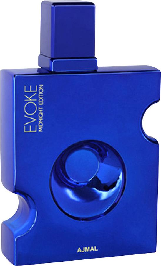 Flacon wody perfumowanej Ajmal Evoke Midnight Edition 90ml dla mężczyzn w eleganckim opakowaniu z logo marki Ajmal na ciemnym tle