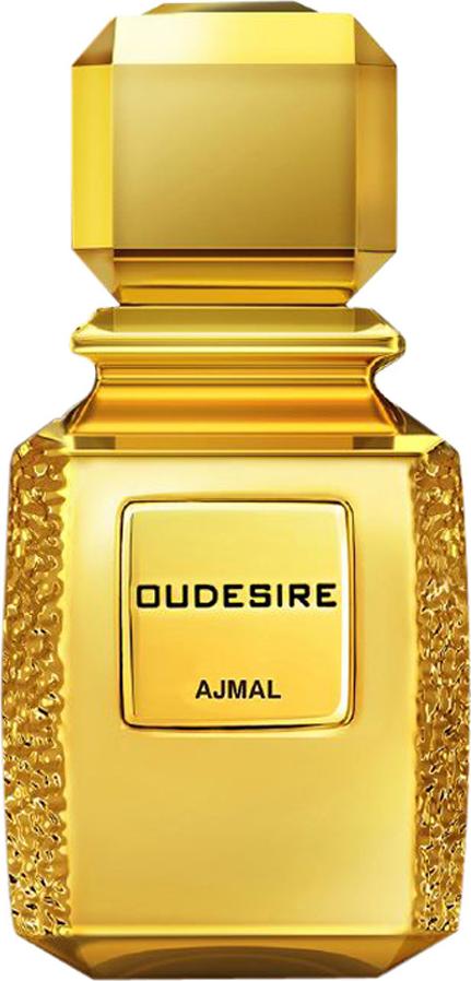 Flacon perfum Ajmal Oudesire woda perfumowana 100ml unisex z orientalnymi nutami oud, jaśminu i róży na białym tle z opakowaniem