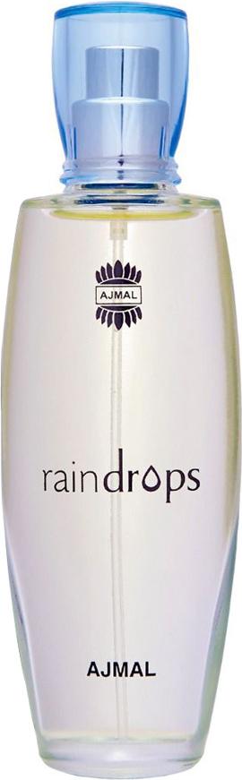 Flacon perfum Ajmal Raindrops woda perfumowana 50ml na białym tle, eleganckie opakowanie z logo marki Ajmal, świeży zapach damski