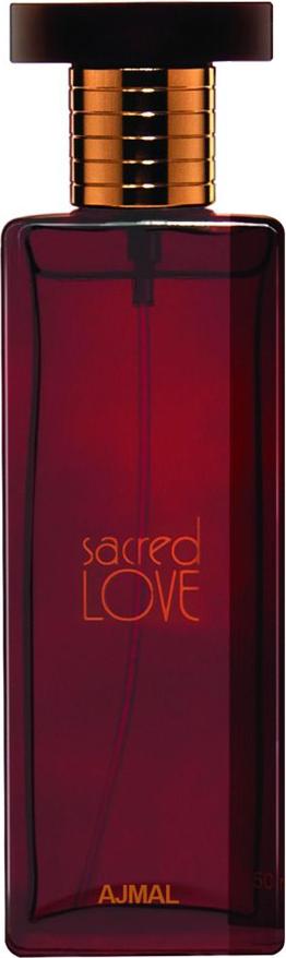 Ajmal Sacred Love woda perfumowana 50ml w eleganckim czerwonym flakonie ze złotymi akcentami na białym tle - orientalny zapach dla kobiet