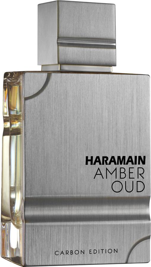 Flacon perfum Al Haramain Amber Oud Carbon Edition woda perfumowana 60ml w eleganckim opakowaniu na białym tle - unisex zapach drzewny