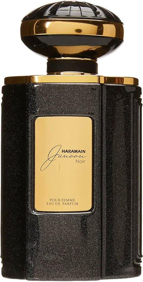Flacon perfum Al Haramain Junoon Noir woda perfumowana 75ml dla kobiet w eleganckim opakowaniu na białym tle z logo marki