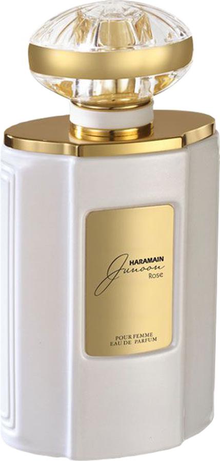 Flakon Al Haramain Junoon Rose woda perfumowana 75ml dla kobiet ze złotymi detalami na białym tle w eleganckim opakowaniu marki
