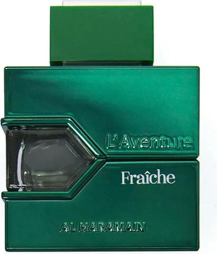 Flacon ekstraktu perfum Al Haramain L'Aventure Fraiche 100ml dla mężczyzn z eleganckim opakowaniem marki Al Haramain na białym tle