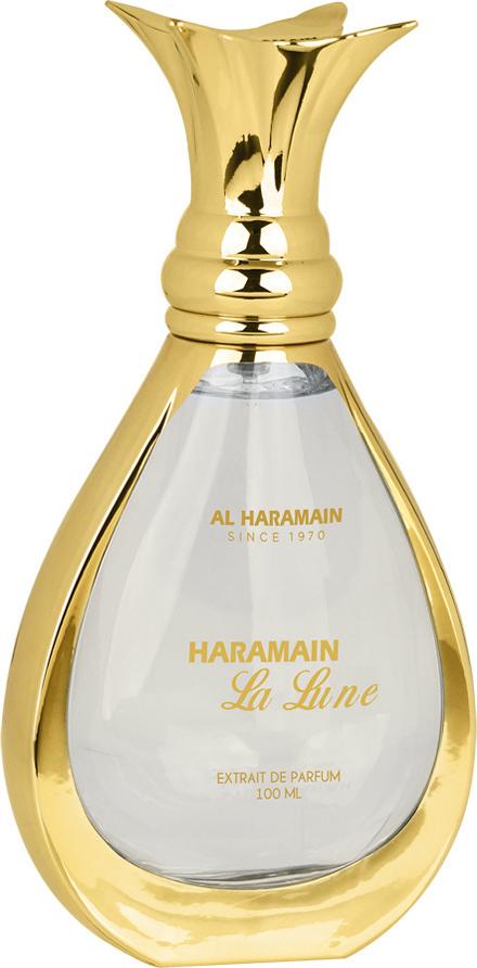 Flacon perfum Al Haramain La Lune 100ml unisex na białym tle z eleganckim opakowaniem marki Al Haramain widocznym obok butelki zapachu
