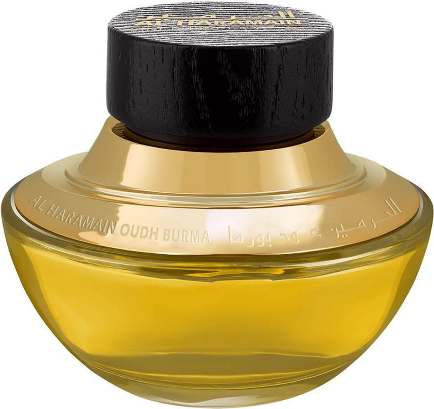 Flakon Al Haramain Oudh Burma woda perfumowana 75ml ze złotymi detalami na białym tle - luksusowe perfumy arabskie unisex w eleganckiej butelce