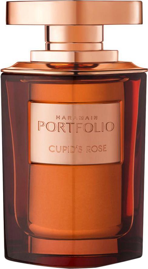 Al Haramain Portfolio Cupid's Rose woda perfumowana 75ml w eleganckim bursztynowym flakonie na białym tle z logo marki Al Haramain