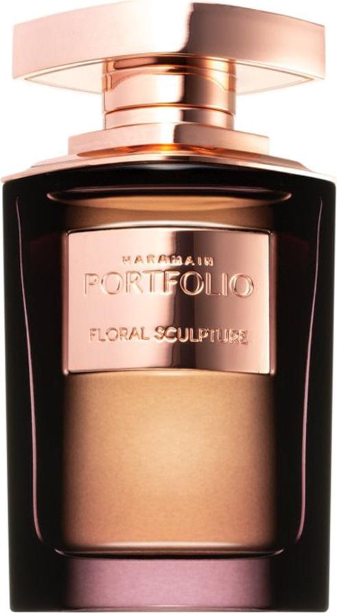 Flakon Al Haramain Portfolio Floral Sculpture woda perfumowana 75ml w eleganckim fioletowo-różowozłotym opakowaniu na białym tle