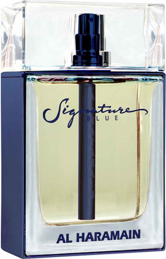 Flacon wody perfumowanej Al Haramain Signature Blue 100ml dla mężczyzn w eleganckim opakowaniu z logo marki Al Haramain na białym tle
