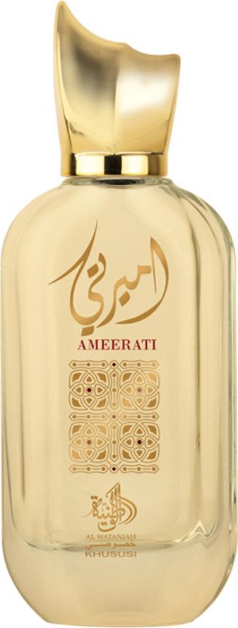 Al Wataniah Ameerati woda perfumowana 100ml w złotym flakonie z arabskimi detalami - unisex perfumy marki Al Wataniah na białym tle