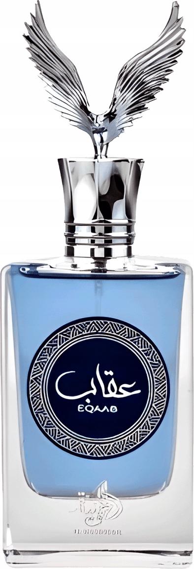 Flacon wody perfumowanej Al Wataniah Eqaab 100ml dla mężczyzn w eleganckim opakowaniu z logo marki Al Wataniah na białym tle