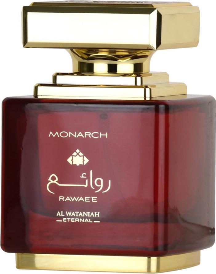 Flacon wody perfumowanej Al Wataniah Rawae'e Monarch 100ml dla mężczyzn na białym tle z eleganckim opakowaniem marki Al Wataniah