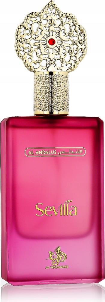 Flacon perfum Al Wataniah Sevilla woda perfumowana 75ml na białym tle - eleganckie opakowanie orientalnych perfum dla kobiet marki Al Wataniah