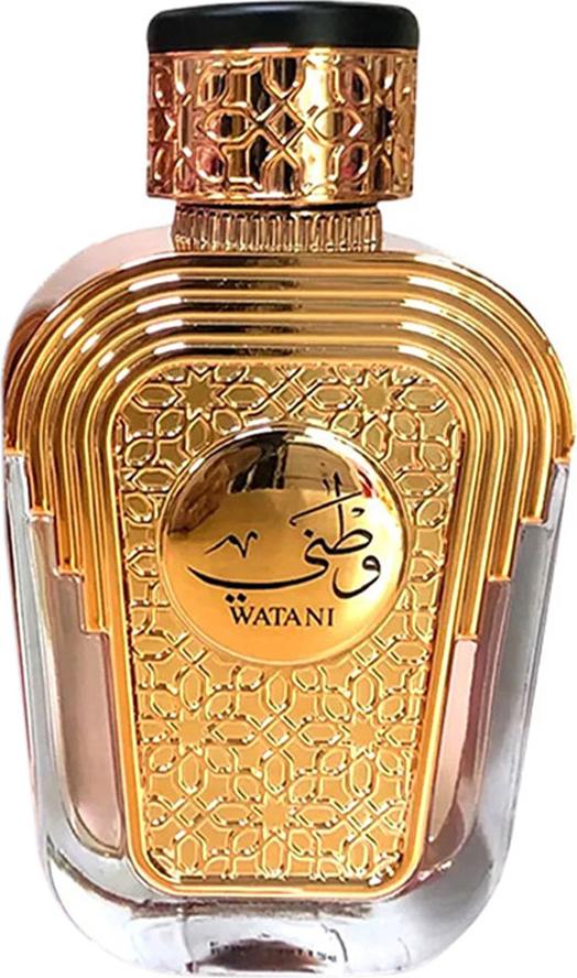 Flacon perfum Al Wataniah Watani woda perfumowana 100ml dla kobiet z eleganckim opakowaniem marki Al Wataniah na białym tle