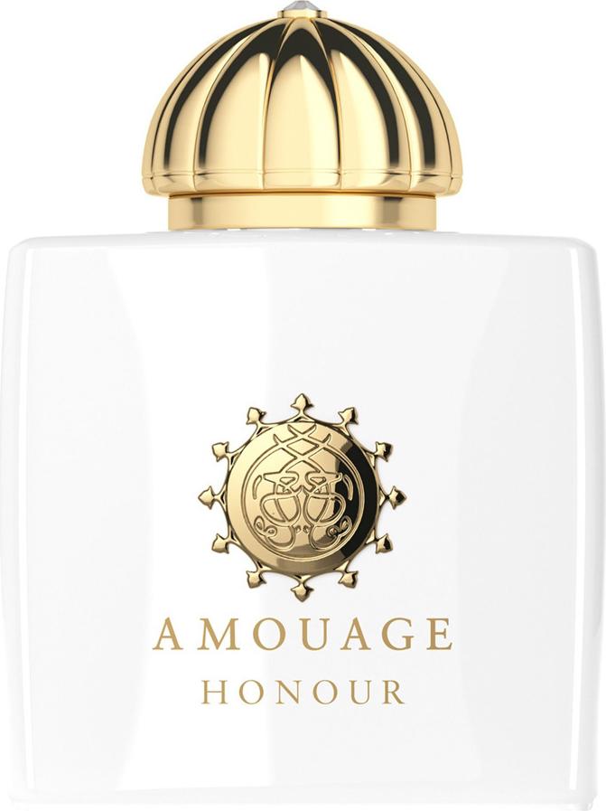 Amouage Honour Woman woda perfumowana 100ml w białym flakonie ze złotym korkiem na białym tle - luksusowe orientalne perfumy damskie