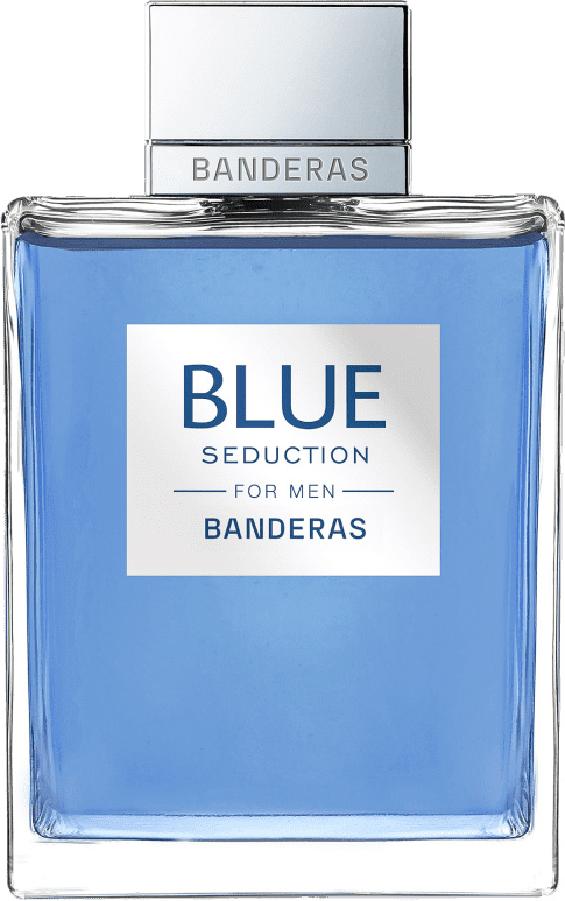 Flacon wody toaletowej Antonio Banderas Blue Seduction for Men 100ml w eleganckim opakowaniu na białym tle - męskie perfumy orientalne