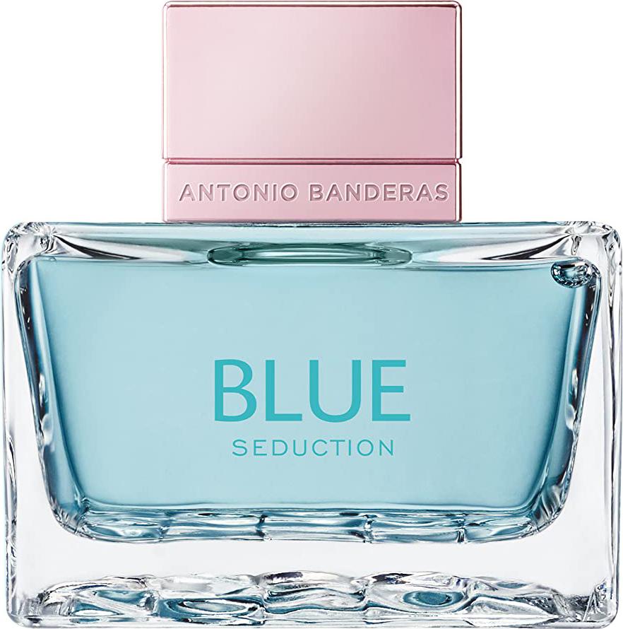 Flacon wody toaletowej Antonio Banderas Blue Seduction for Women 80ml na białym tle z niebieskim opakowaniem i logo marki