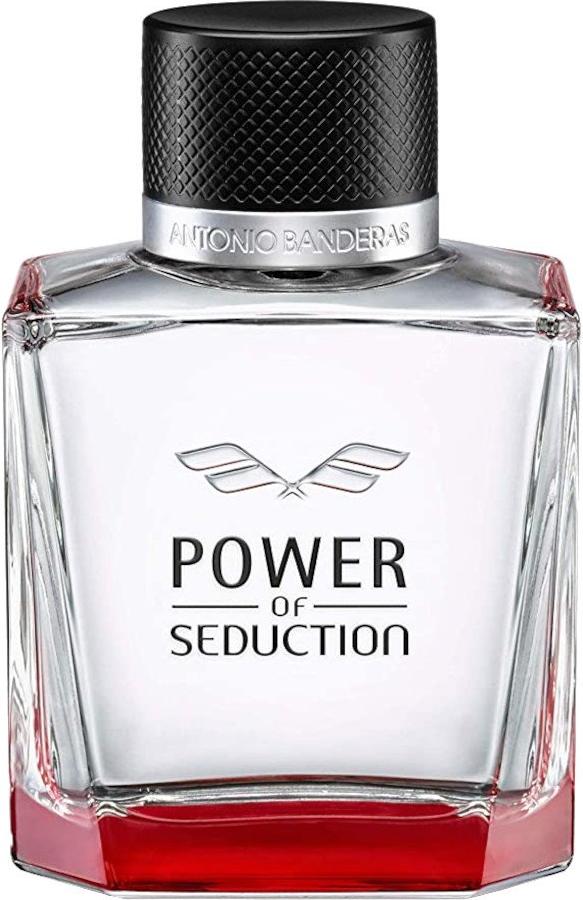 Flacon wody toaletowej Antonio Banderas Power of Seduction 100ml na białym tle - eleganckie męskie perfumy aromantyczno-zielone marki Antonio Banderas