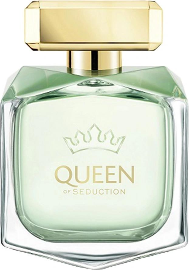 Flacon wody toaletowej Antonio Banderas Queen of Seduction 80ml na białym tle - eleganckie perfumy damskie w stylowym opakowaniu marki