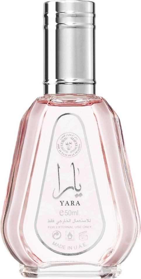 Flacon wody perfumowanej Lattafa Yara 50ml dla kobiet z orientalną kompozycją zapachową na białym tle z eleganckim opakowaniem marki
