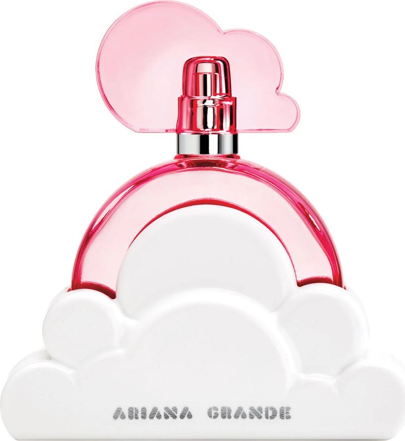 Flacon wody perfumowanej Ariana Grande Cloud Pink 100ml z różowym opakowaniem na białym tle - owocowo-drzewny zapach dla kobiet z 2023 roku
