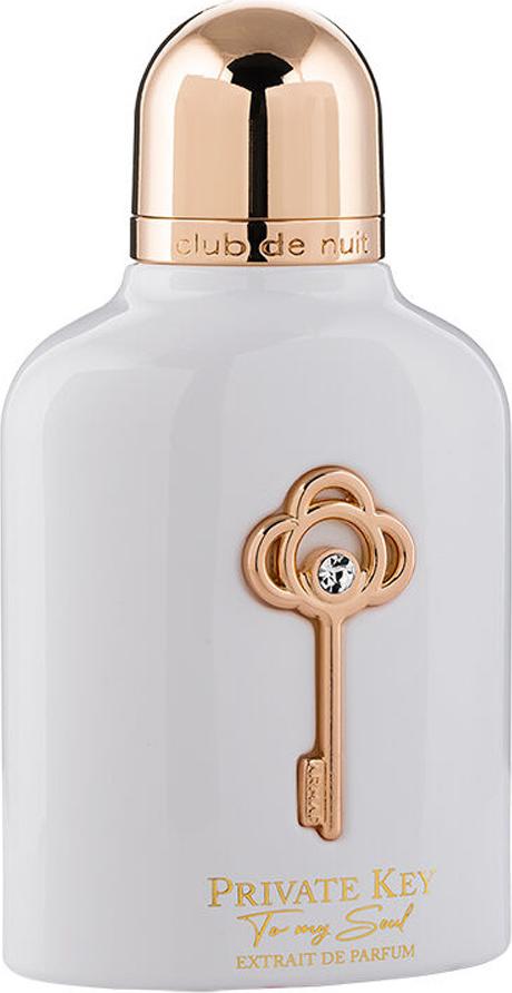 Armaf Club De Nuit Private Key To My Soul ekstrakt perfum 100ml w eleganckim białym flakonie ze złotymi akcentami na białym tle