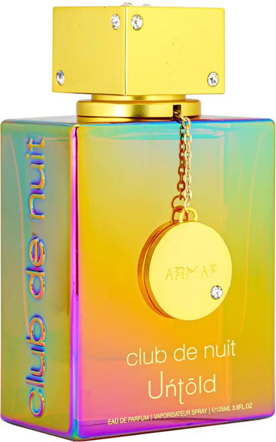 Flacon perfum Armaf Club de Nuit Untold woda perfumowana 105ml w opalizującym opakowaniu, luksusowe arabskie perfumy unisex na białym tle
