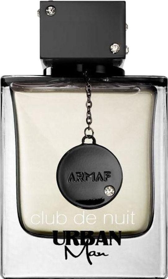 Armaf Club de Nuit Urban Man woda perfumowana 105ml w eleganckiej butelce z czarną zawieszką na białym tle - męskie perfumy drzewno-korzenne