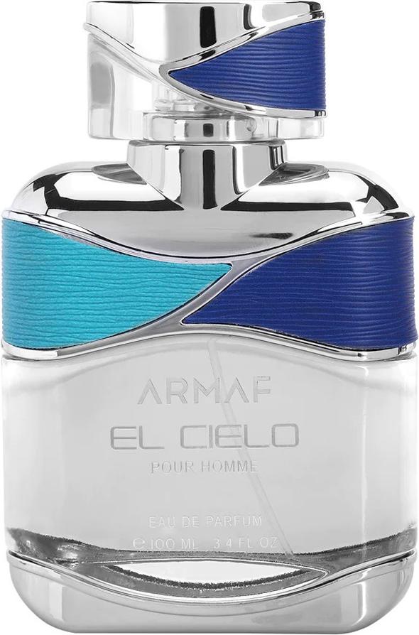 Armaf El Cielo Pour Homme woda perfumowana 100ml w srebrnym flakonie z niebieskimi akcentami na białym tle - luksusowe perfumy męskie