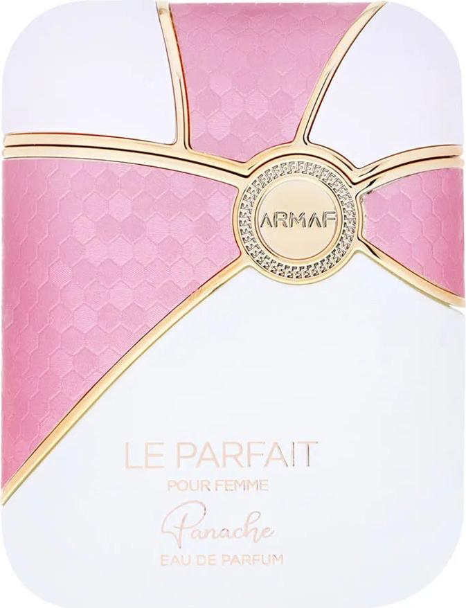 Armaf Le Parfait Panache Pour Femme woda perfumowana 100ml w różowo-białym flakonie na białym tle - eleganckie perfumy damskie